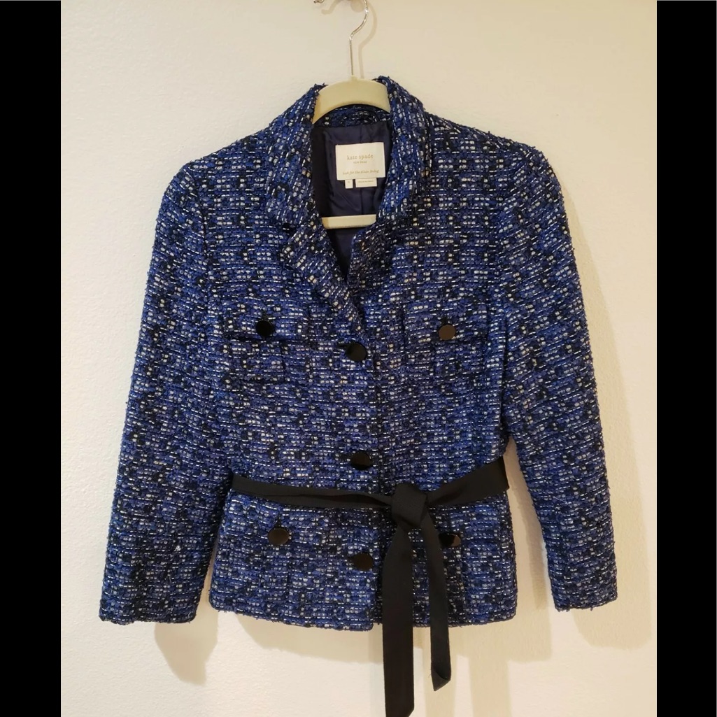 Kate Spade Blue Tweed Belted Blazer